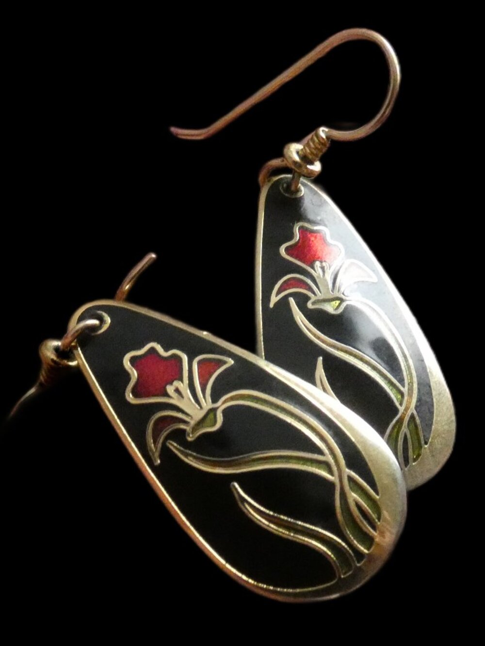 Vintage Laurel Burch Wild Iris Dangle Earrings Gold Tone Black Enamel Cloisonné